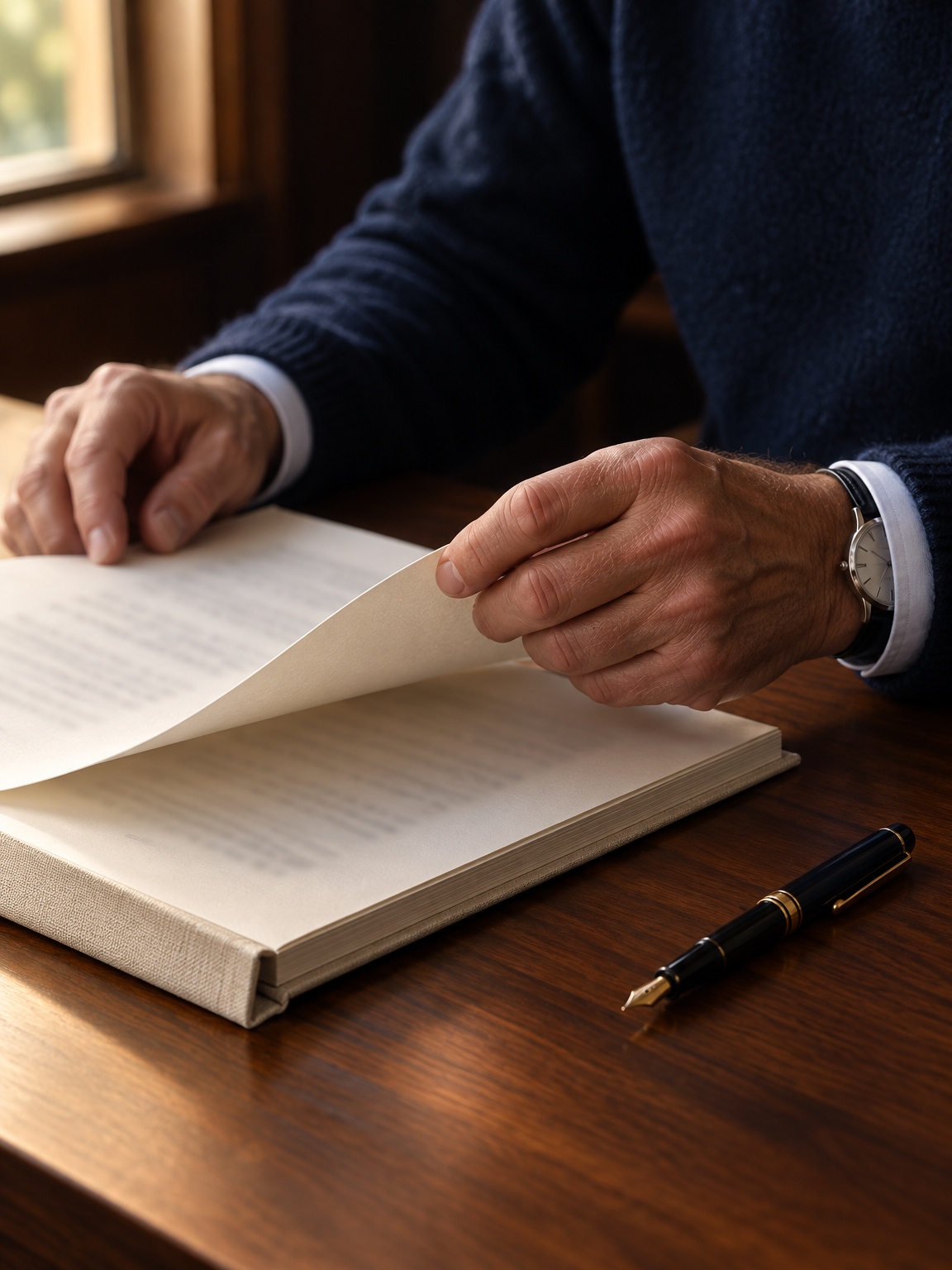 A man's hands turning a page of a bound written plan on a walnut desk beside a window.