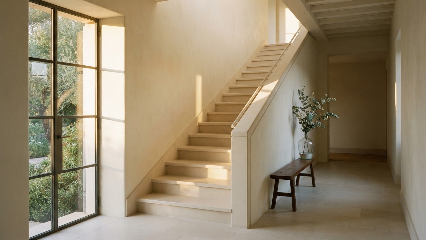 A limestone staircase rising beside a tall garden window in a quiet house.